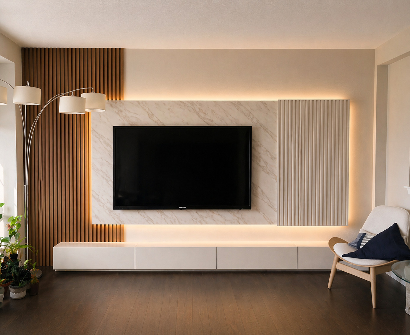 Luxury media wall with slat panel feature wall in Woodbridge Ontario