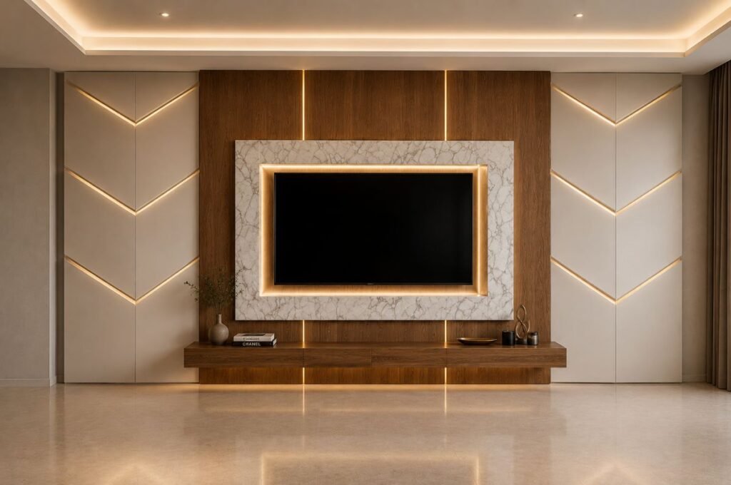 How Much Does a Media Wall Cost in Vaughan? media wall with floating shelf and wood panels